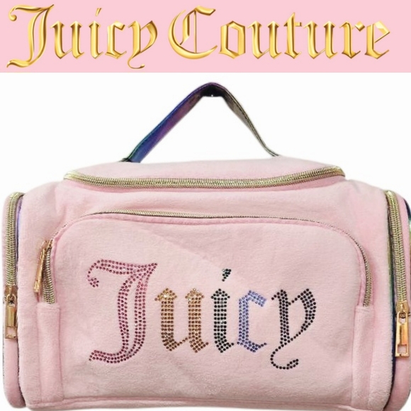 Juicy Couture Rainbow Rhinestone Logo Multi-Compartment Velour Cosmetic Bag - Picture 1 of 11